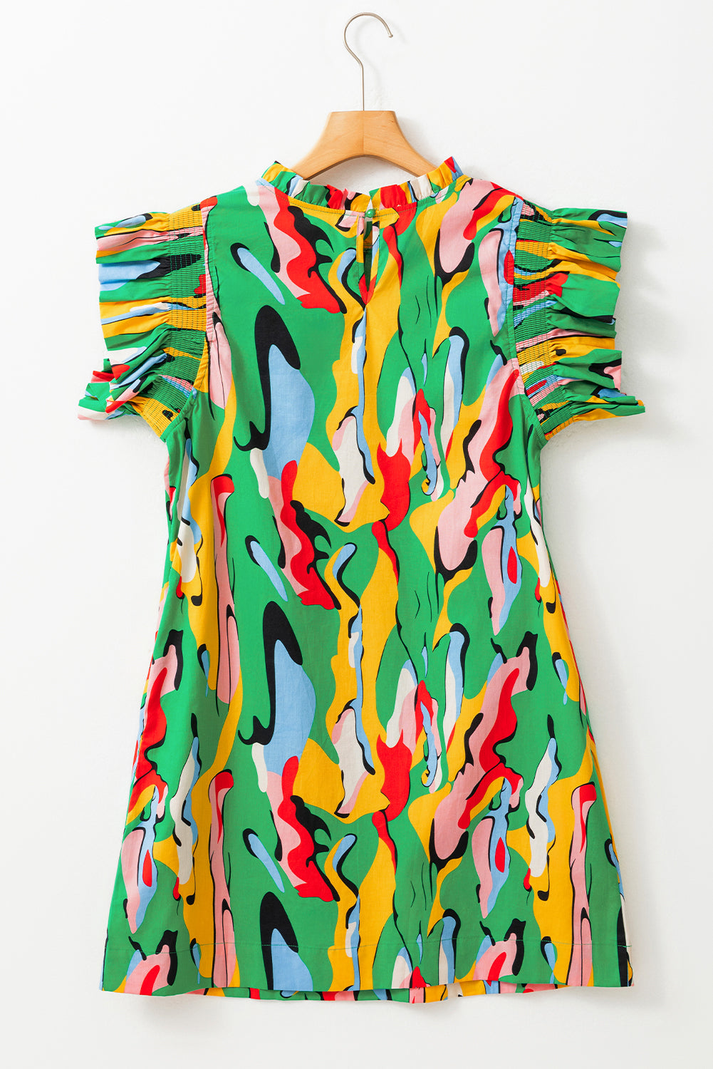 Green Abstract Print Frilled Neck Ruffled Sleeve Mini Dress
