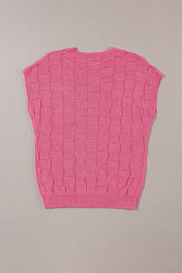 Bright Pink Lattice Textured Knit Short Sleeve Sweater