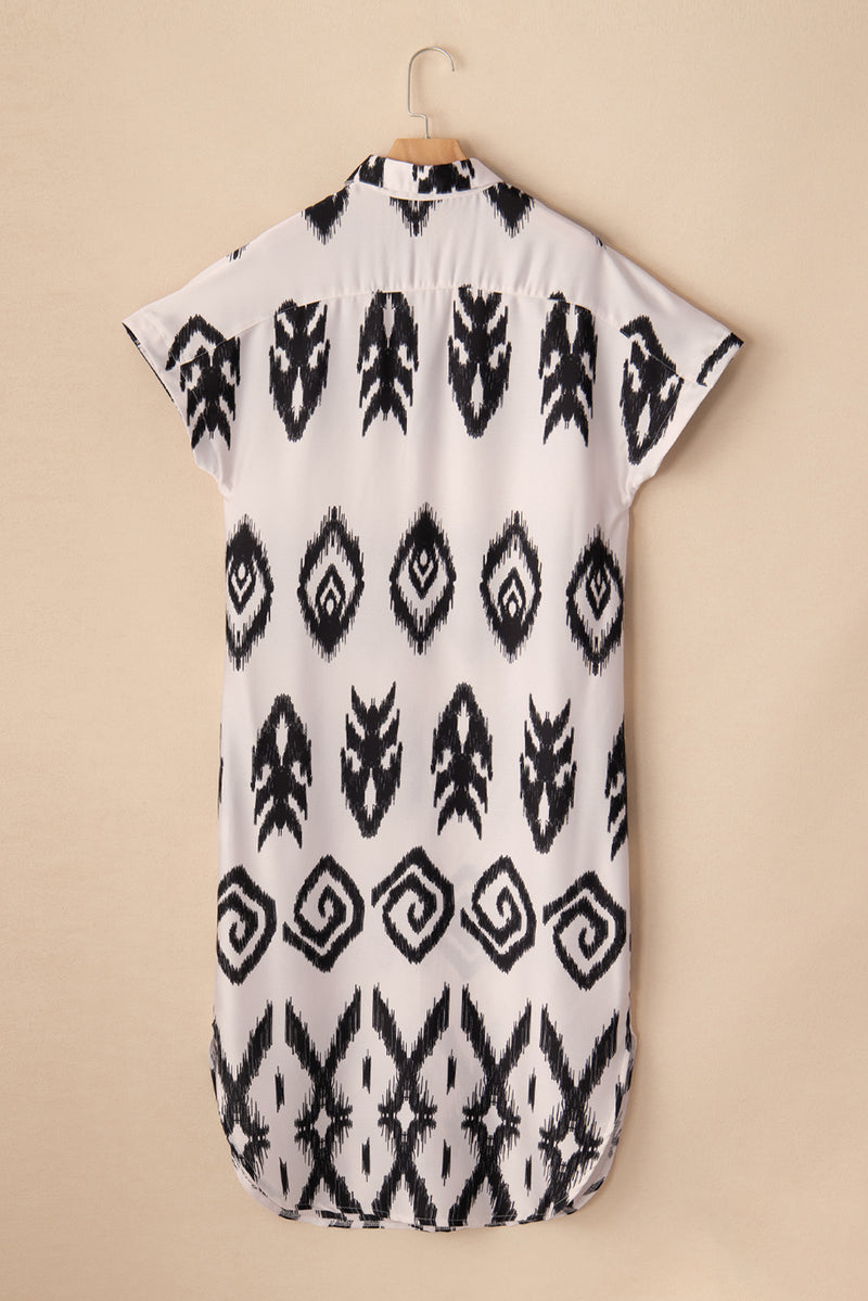 Black Western Print Side Split Long Shirt Dress