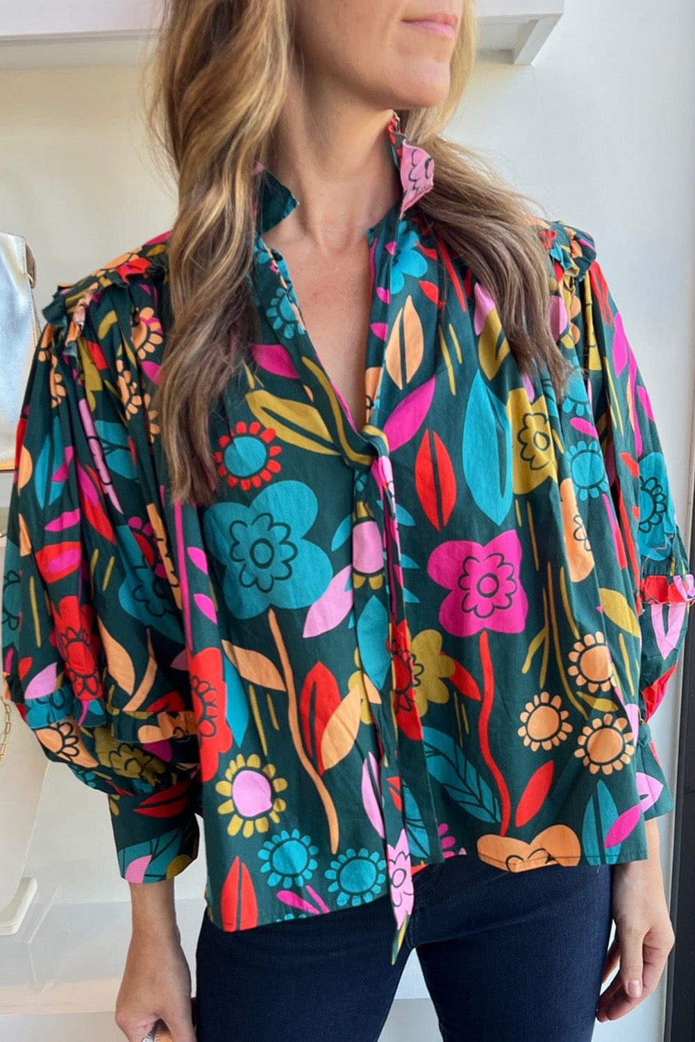 Green Floral Print Knot Split Neck Puff Sleeve Blouse