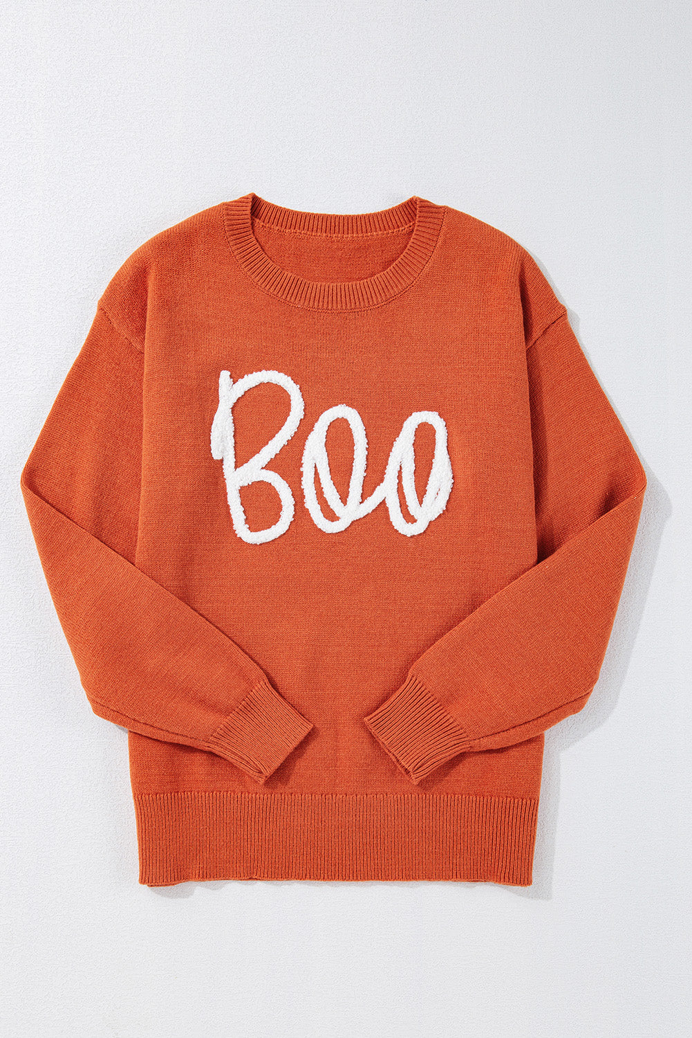 Orange Boo Knitted Pattern Ribbed Edge Drop Shoulder Sweater