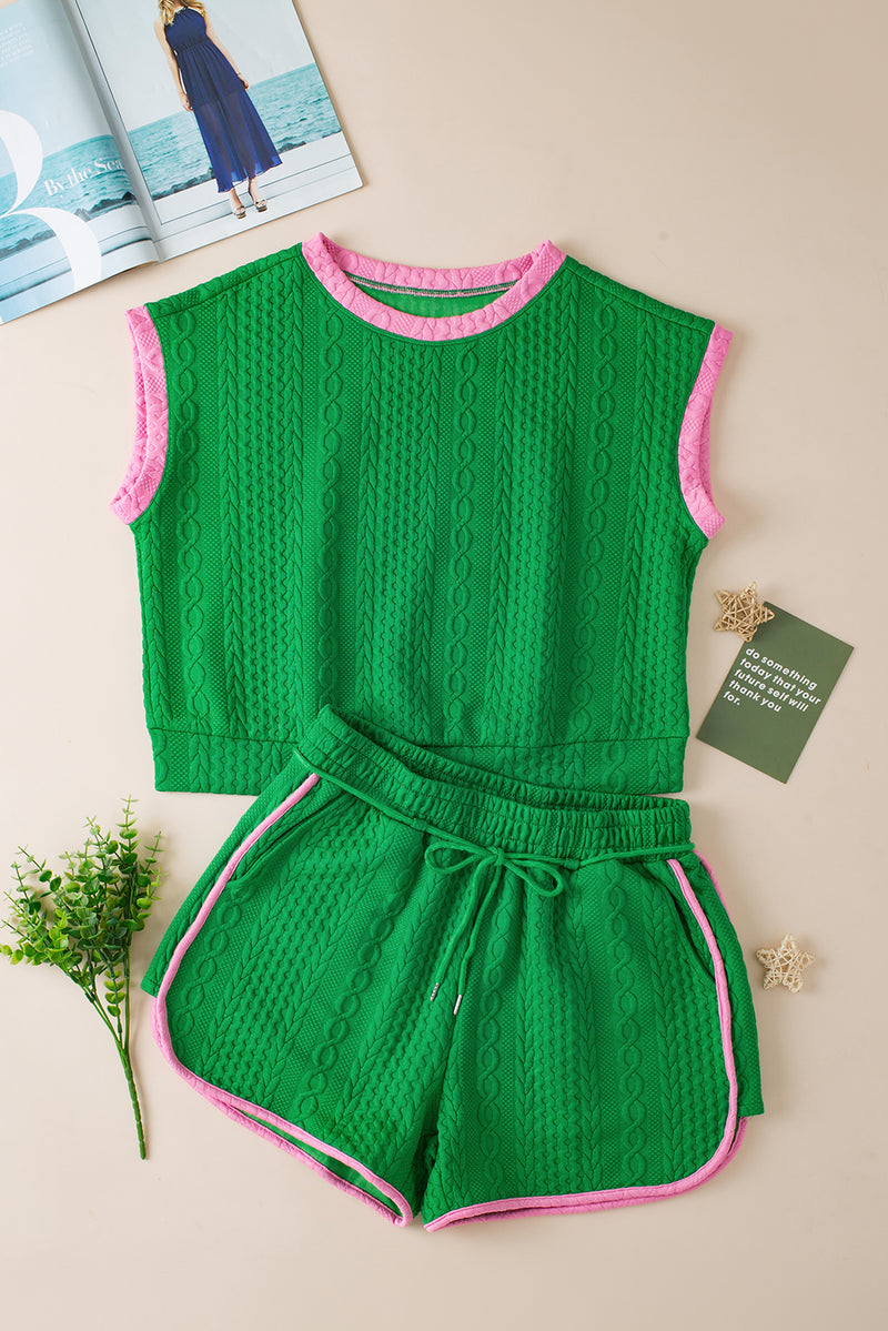 Green Contrast Trim Cable Textured Shorts Set