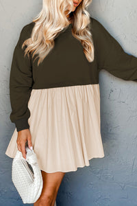 Khaki Sweatshirt Colorblock Flowy Pleated Mini Dress