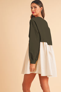Khaki Sweatshirt Colorblock Flowy Pleated Mini Dress