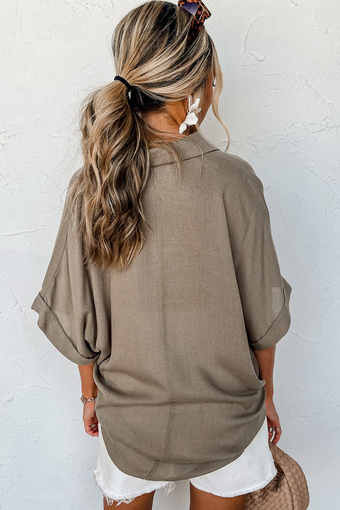 Taupe Collared Half Buttoned Batwing Sleeve Oversized Shirt