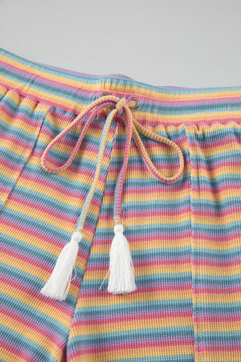 Pink Stripe Crew Neck Tee and Tasseled Drawstring Shorts Set
