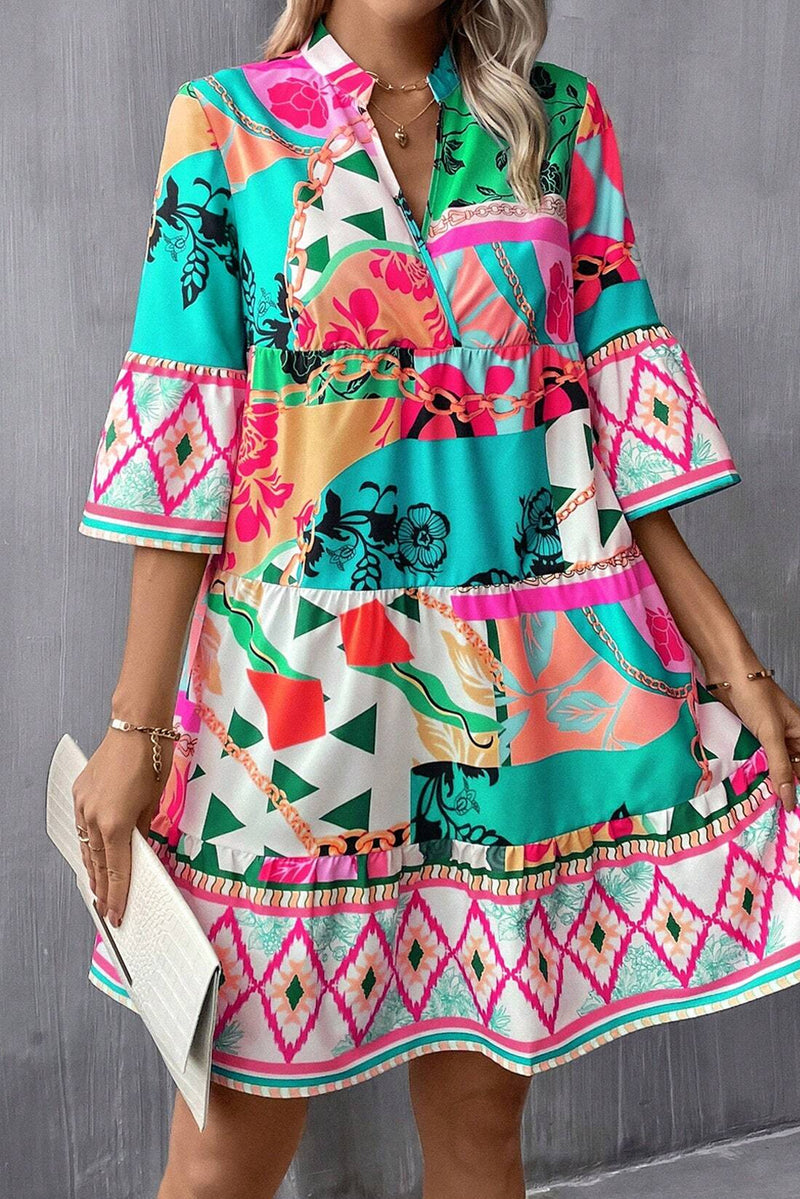 Multicolour Abstract Printed Half Sleeve Notched Neck Mini Dress