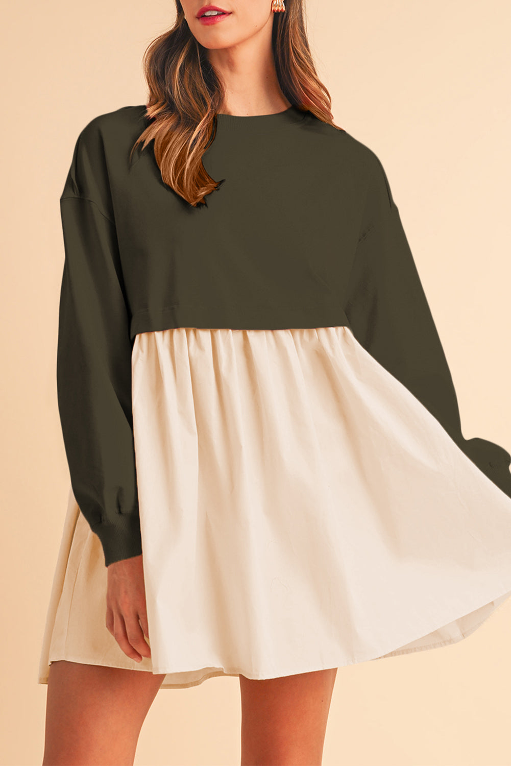 Khaki Sweatshirt Colorblock Flowy Pleated Mini Dress