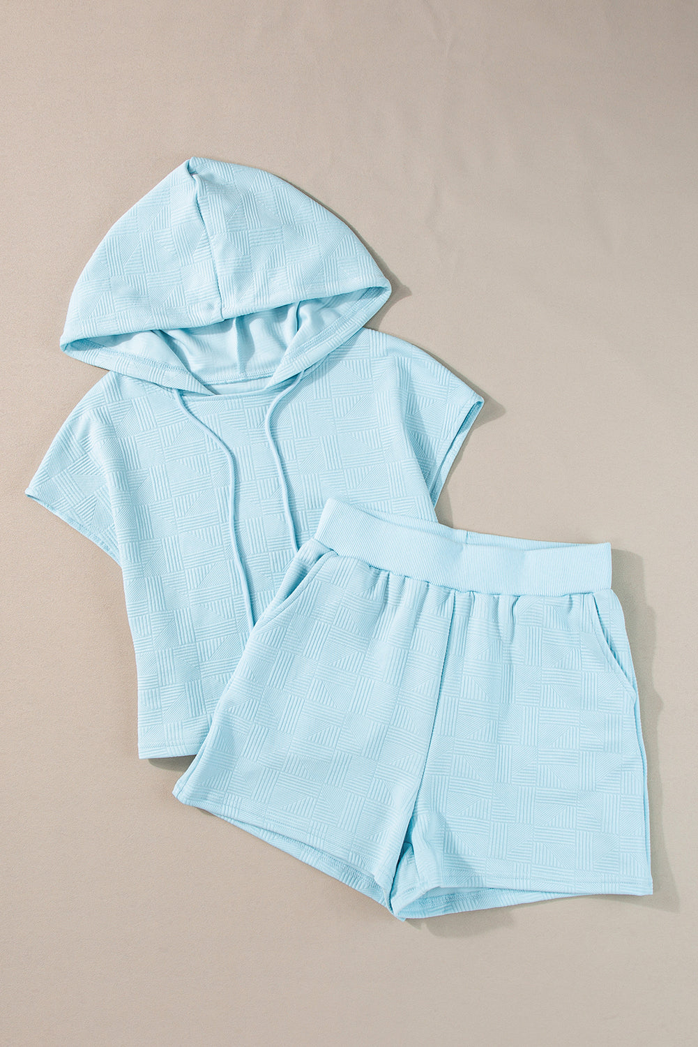 Beau Blue Textured Cropped Hoodie and Shorts Set