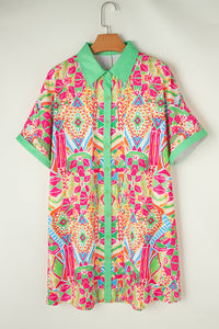Orange Geometric Print Contrast Trim Short Sleeve Shirt Dress