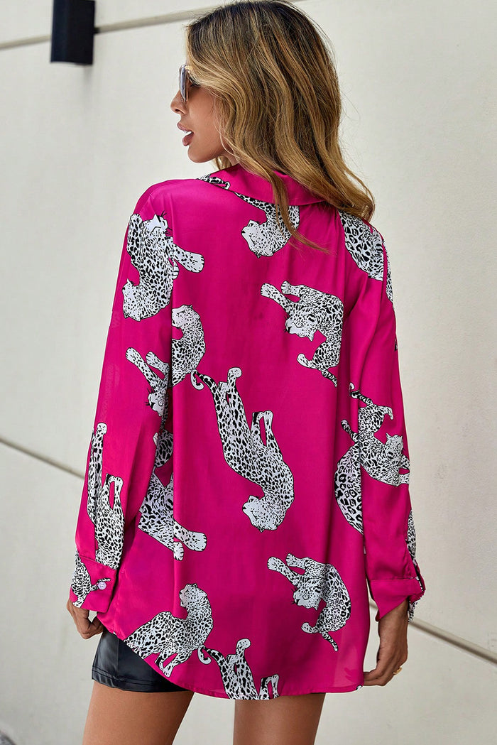 Rose Elegant Cheetah Print Button Up Collar Shirt
