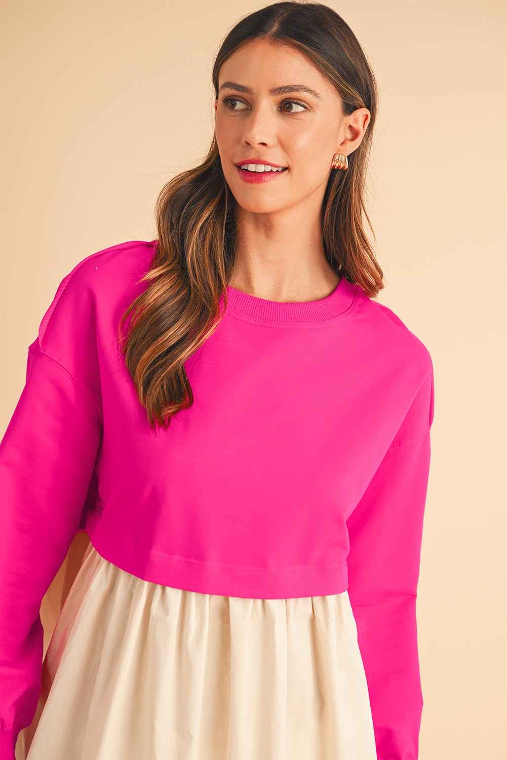 Khaki Sweatshirt Colorblock Flowy Pleated Mini Dress