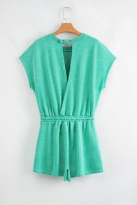 Sea Green Mineral Wash Drawstring Waist Hollow Out Back Short Sleeve Romper