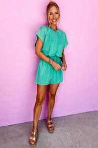 Sea Green Mineral Wash Drawstring Waist Hollow Out Back Short Sleeve Romper