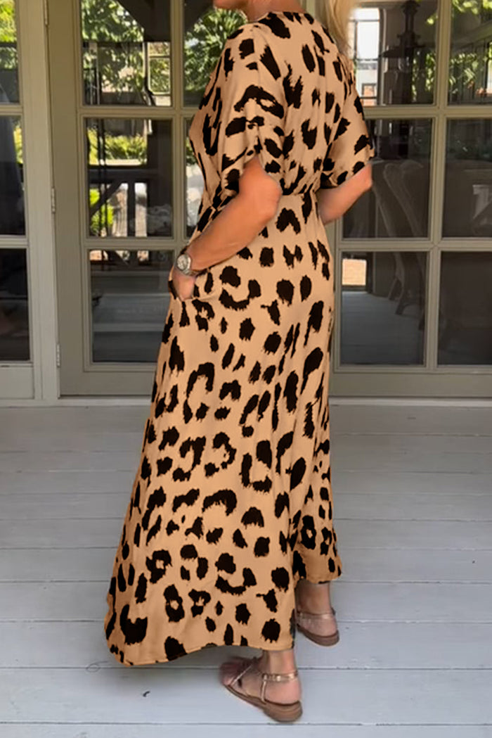 Khaki Leopard V Neck High Waist Buttoned Plus Maxi Dress