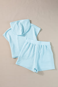 Beau Blue Textured Cropped Hoodie and Shorts Set